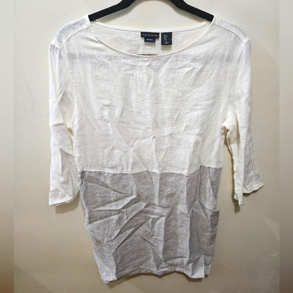 Tahari White Gray 100% Linen Beach Coastal Lightweight Tunic Shirt Small